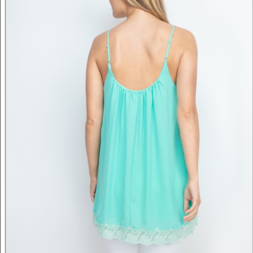 Aqua Mint sleeveless strappy scoop neck lace trim hem detail flowy tunic top. - Picture 16 of 16